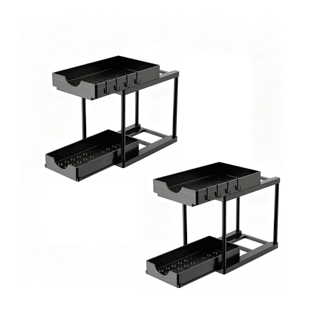 Under Sink Storage 2 Pack 2 Tier Pull Out Cabinet Organiser, Black