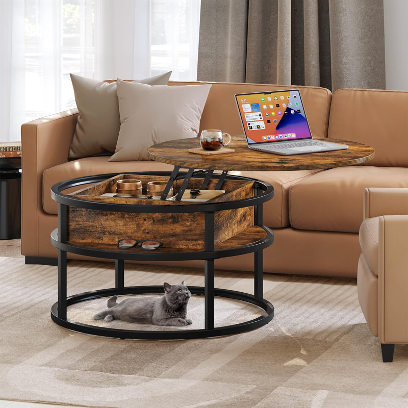 Table basse circulaire avec plateau relevable circulaire et rangement, Brun rustique, Noir, noir, noir, noir