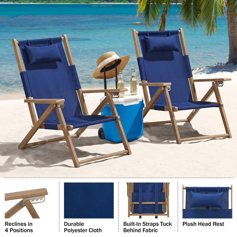 Set of 2 Beach Chairs - Outdoor Weather-Resistant Wood Folding Chairs with Carry Straps and Reclining Seat - Beach Essentials by Lavish Home (Blue)