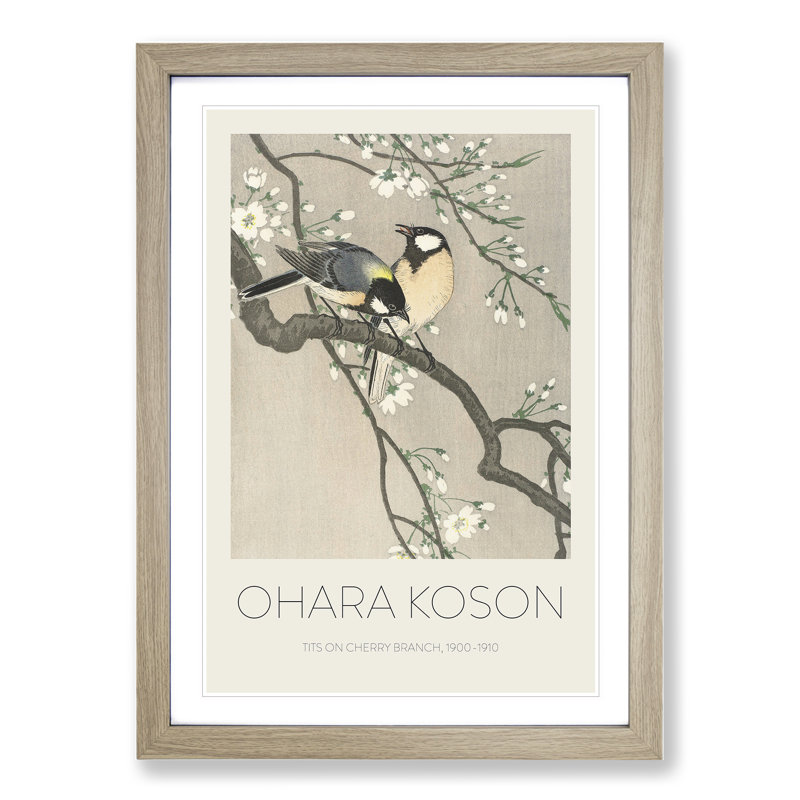 Tits on a Cherry Branch by Ohara Koson - Picture Frame Painting, 36cm H x 27cm W x 2cm D, Oak Framed