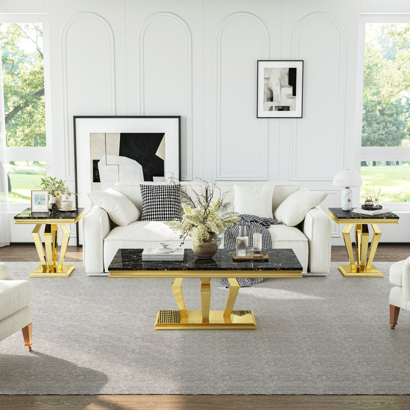 22.8" End Table With Faux Marble Top & Stainless Steel Frame, Black Top/Gold Base