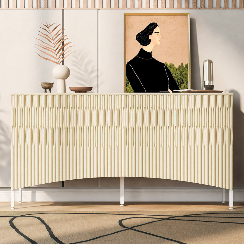 Buffet console beige avec porte inférieure incurvée et accent de rainures arquées - Métal de rangement polyvalent et artisanal