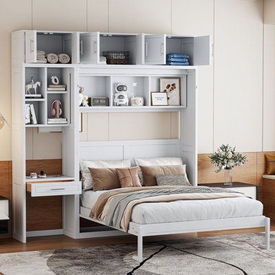 Grand lit escamotable mural avec bureau, armoire supérieure et tablettes de rangement