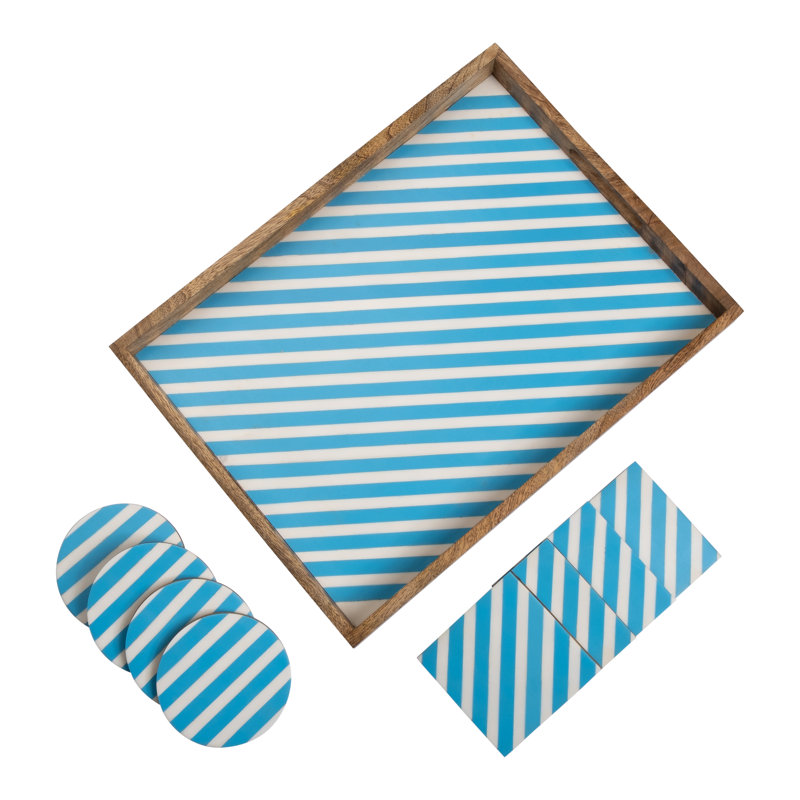 Affan Solid Wood Tray, White/Aqua