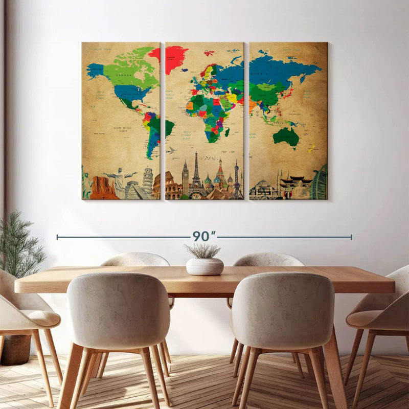 Carte du monde sur toile de la société 3 pièces, H 48 po x l 74 po x P 1,25 po