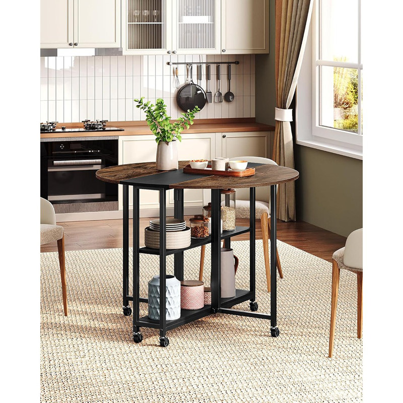 Folding Dining Table, Kitchen Table With 6 Wheels, Folding Round Table With 2-layer Storage Shelf