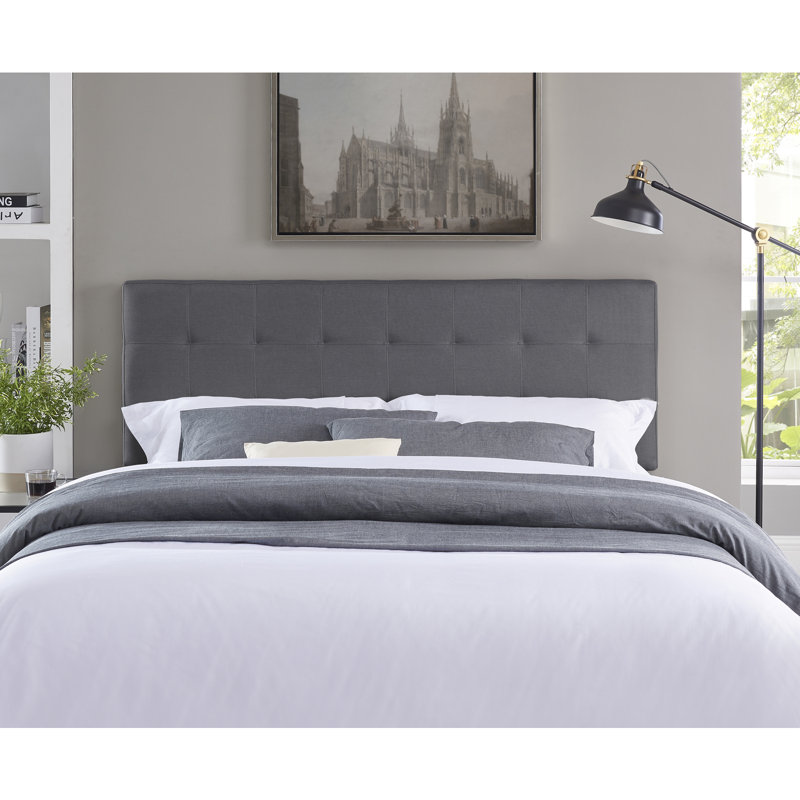 Classic Tufted Adjustable Upholstered Queen Headboard in Linen Fabric, Metal Legs, Light Gray