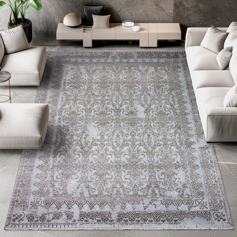 Tapis bleu clair et noir noué à la main de haute qualité, Rectangle 6 pi x 9 pi