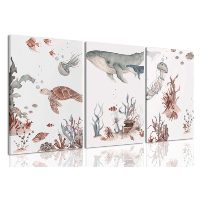 Ocean Nursery Decor,Nursery Wall Decor,Kids Bathroom Decor,Under The Sea, Room Sea Animal Wall Art Picture Canvas Prints Set Of 3,Bedroom Framed