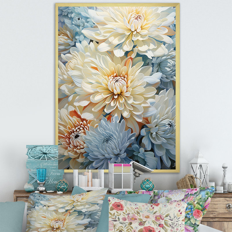 «Simplicity Mums Bloom» en beige et bleu discret sur toile, Cadre doré simple, H 20 po x l 12 po x P 1 po