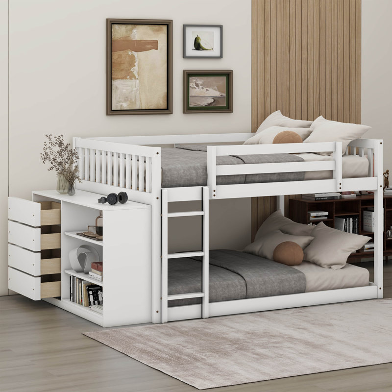 Full Over Full Bunk Bed With Drawers And Shelves, White