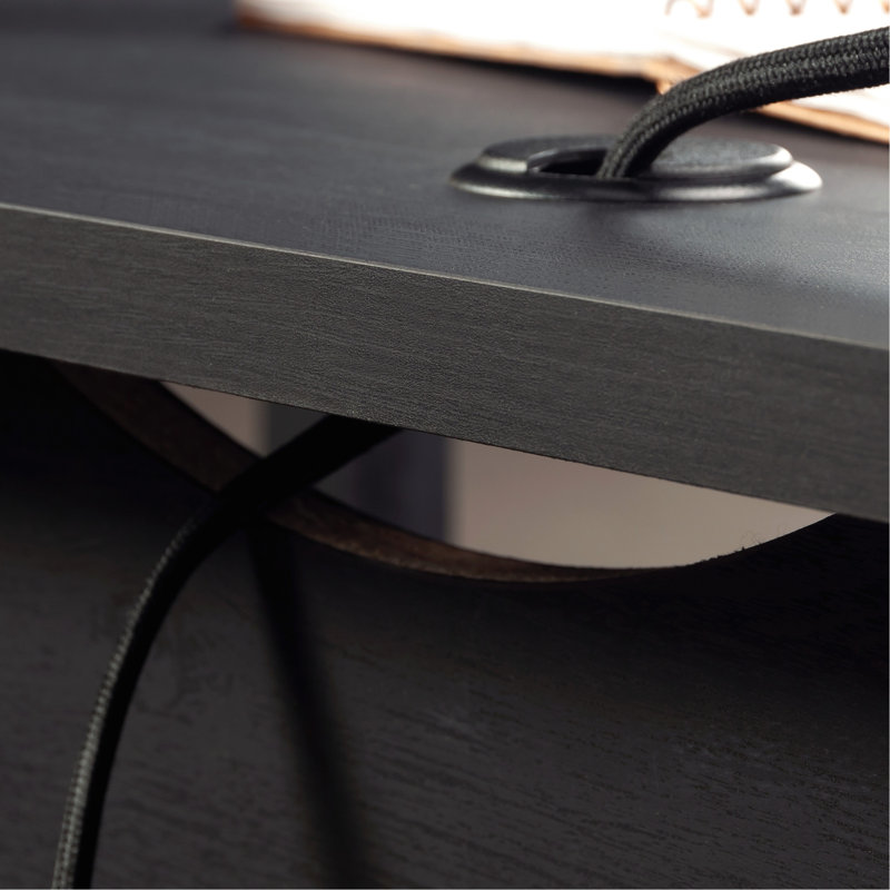 Bureau traditionnel en forme de L avec tiroir classeur et gestion des câbles, idéal pour la productivité quotidienne, finition stratifiée noire pour ordinateur, assemblage rapide, petits espaces de travail