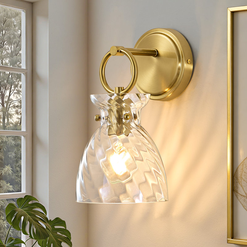 1-Light Gold Modern Wall Sconce With Clear Striped Glass Shade, Clear
