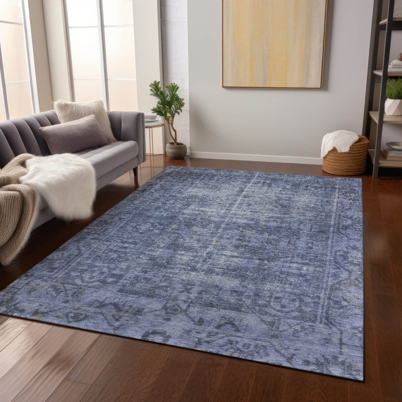 Tapis bleu marine intérieur / extérieur lavable à la machine Christn ACN1228, Rectangulaire 3 pi x 5 pi