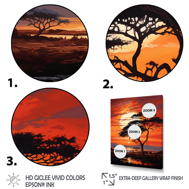 «African Tree Orange Sunset Majesty I», reproduction sur toile florale, Cadre photo blanc, H 20 po x l 12 po x P 1 po