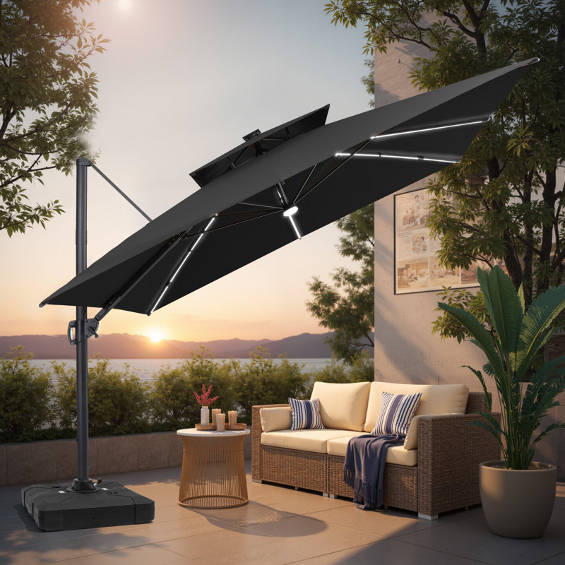Parasol de patio carré en porte-à-faux à lumière solaire 128 po x 128 po avec base, Noir
