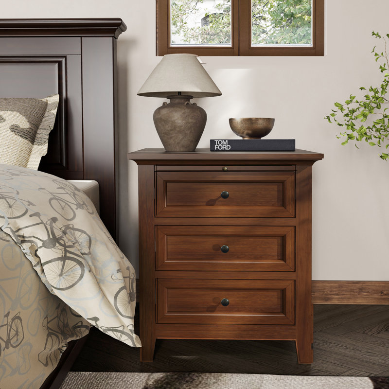 Table de chevet 3 tiroirs en bois massif, table de bout avec tablette coulissante, table d'appoint classique et intemporelle pour la chambre à coucher, le salon ou le bureau personnel