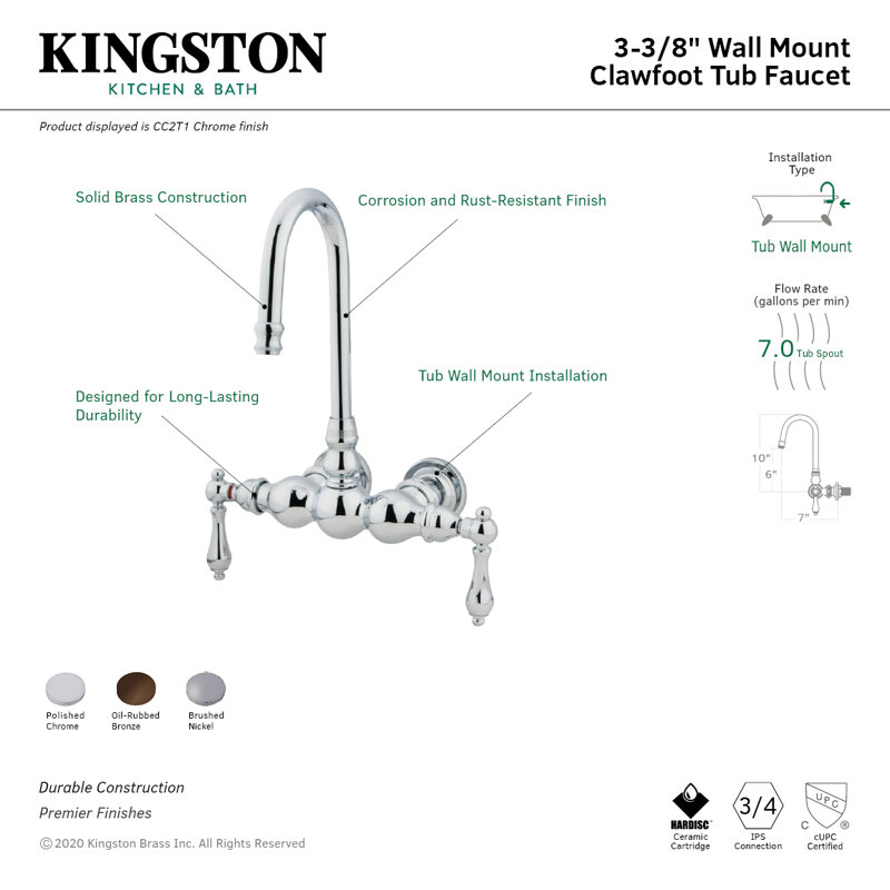 Kingston Brass Vintage Two-Handle 2-Hole Tub Wall Mount Clawfoot Tub Faucet, Oil Rubbed Bronze