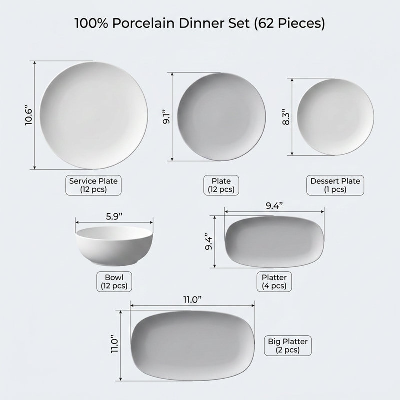 Linear Flow White and Platinum Porcelain Dinnerware Set (62-Piece Service for 12)