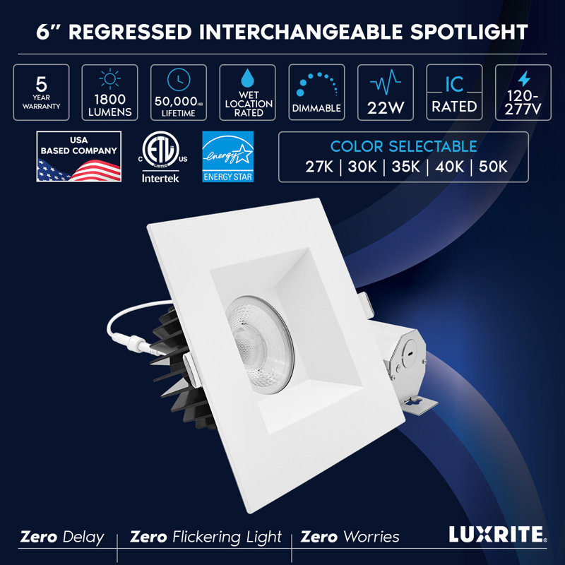 Luminaire encastré à DEL de 6 pouces Luxrite, régressé avec garniture carrée blanche, 22 W, 1800LM, 5CCT, faisceau 38 °, à intensité variable, Twist-N-Lock, CRI90, homologué ETL