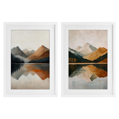 Terracotta Reflections Mountains and Lake 2pc, ensemble encadré sous verre, design par Petal Prints Design