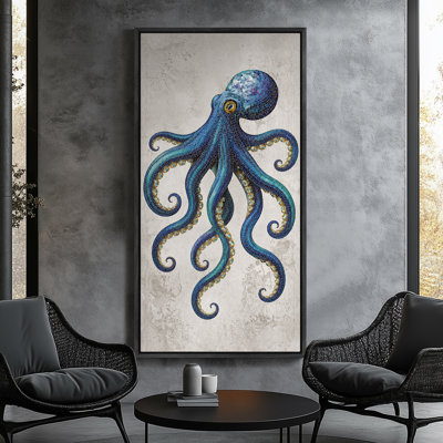 Blue Octopus Nautical Marine Mosaic Style Artwork - Large Framed Canvas Master Bedroom Wall Art Print