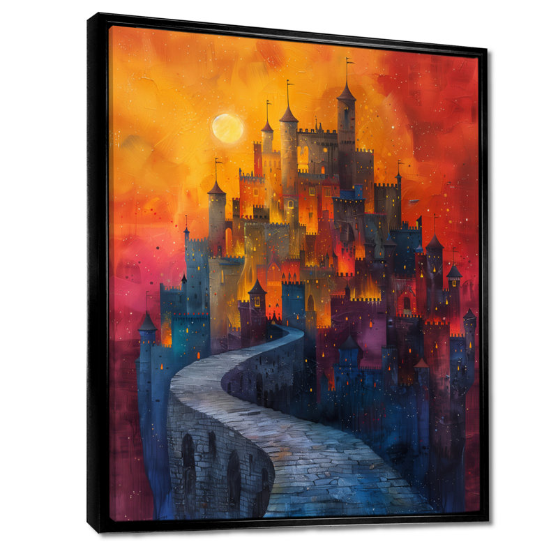 Red Enchanted Castle At Sunset - Castles Wall Decor, Black Floater Framed Canvas, 40" H x 30" W x 1.5" D