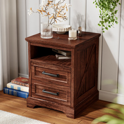 18" Farmhouse End Table With Charging Station & 2 Drawers Storage
