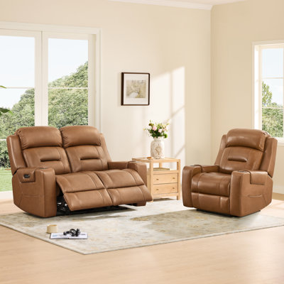 Olathe Genuine Leather Dual Motor Power Reclining Lay Flat Living Room Set With Power Headrest