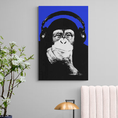 Monkey Headphones Thinking - Wrapped Canvas Print