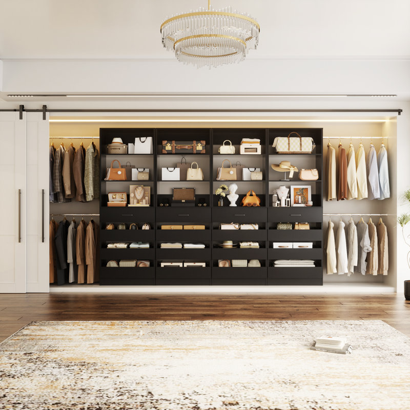 85.2"-462.8" Closet System With Drawers And Rods, Black