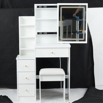 Petite coiffeuse de 29,2 po avec tabouret rembourré, grande table de chevet gauche et contrôle tactile
