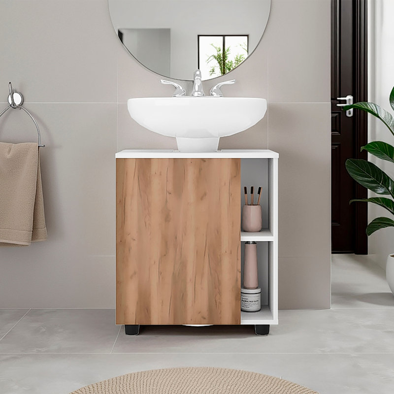 Parade Under Pedestal Sink Cabinet, 1 Door, 5 Open Compartments, Melamine Finish, Natural/White