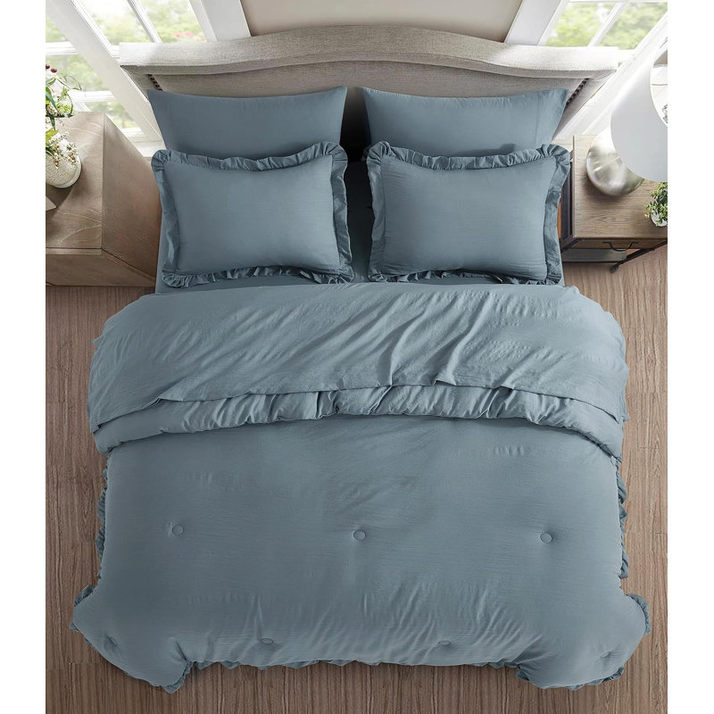 Ruffled Edge Microfiber Bed in a Bag Comforter Set, Twin Comforter + 4 Additional Pieces, Dusty Blue