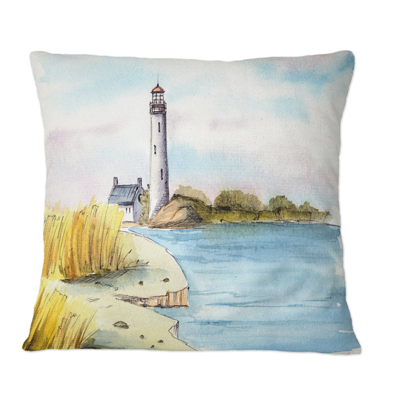 Phare sur un bord de mer lointain - Coussin décoratif imprimé nautique et côtier, 16 po x 16 po