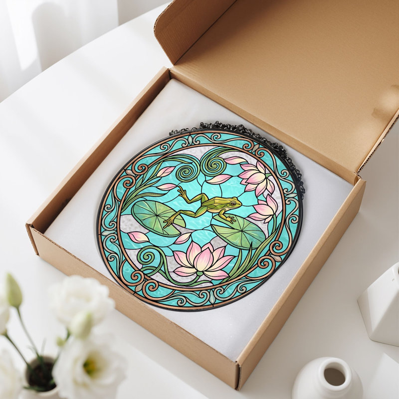 Panneau de vitrail Frog Lotus, vitrail, H 12 po, 12"H