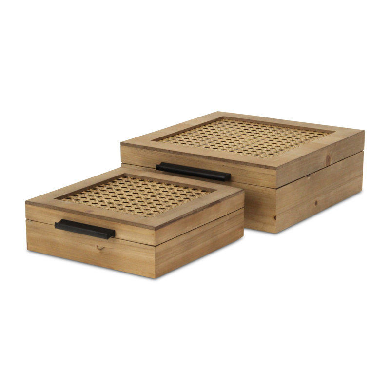 Ensemble de boîte en rotin et bois Baskura | Poignées noires |, H 3,5 po x l 9,75 po x P 10,5 po