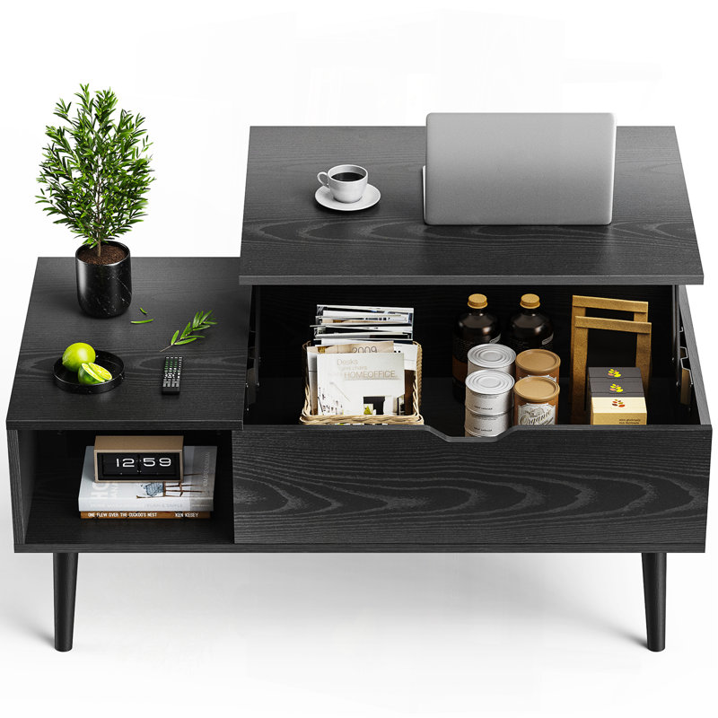 Tables basses en bois à plateau relevable avec compartiment caché et petit bureau pour le salon, Noir, Noir