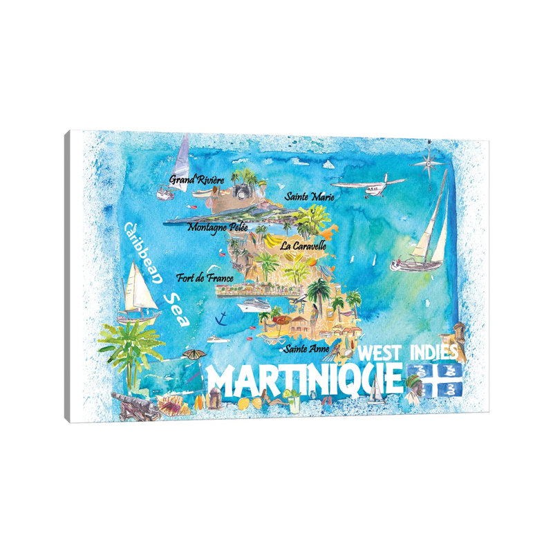 Martinique Antilles Illustrated Caribbean Map With Highlights Of West Indies Island Dream by Markus & Martina Bleichner - Wrapped Canvas Gallery-Wrapped Canvas Giclée