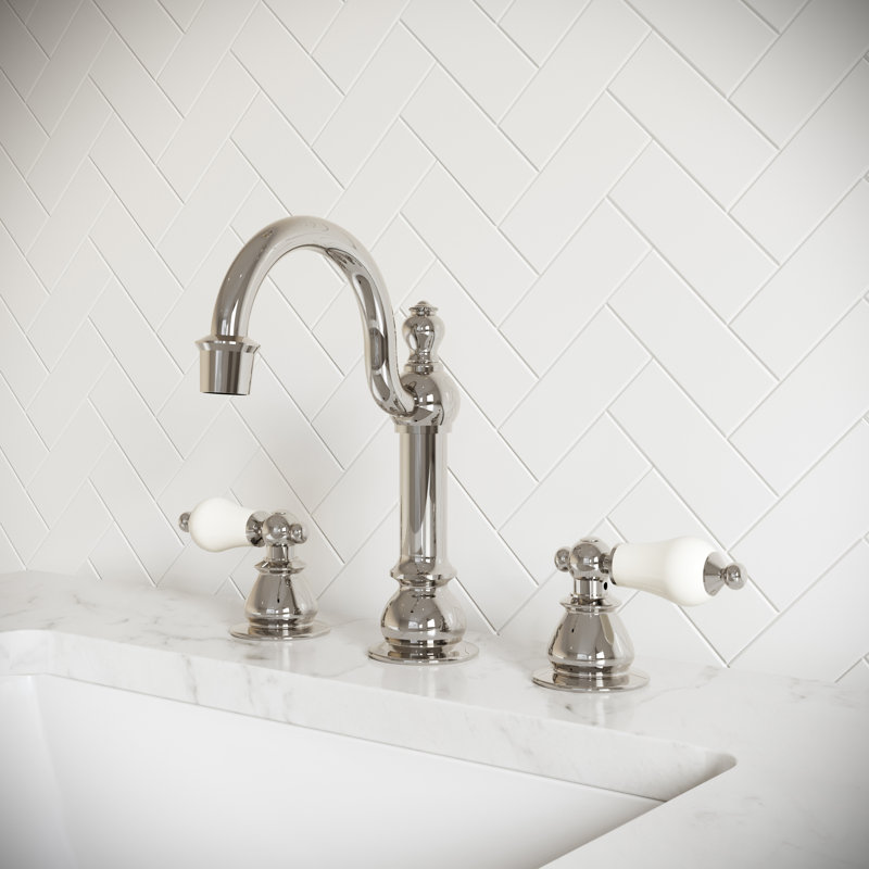 High Arc Torch Widespread Bathroom Faucet with Drain Assembly, Porcelain Lever, Polished Nickel