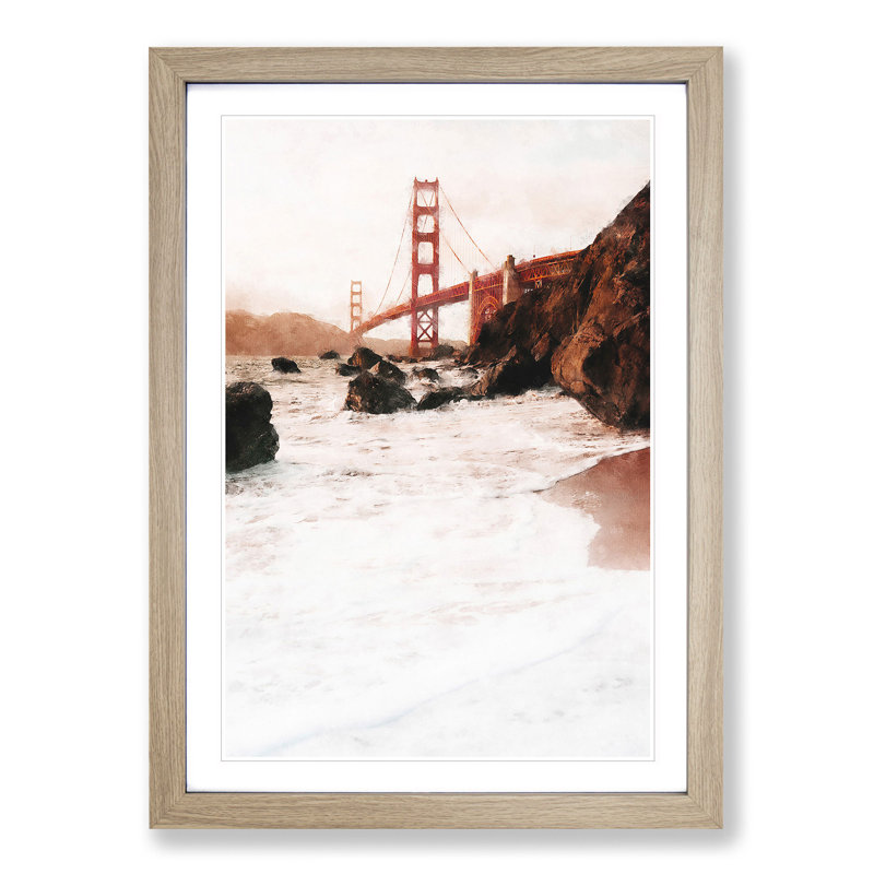 Golden Gate Bridge in San Francisco Abstract - Picture Frame Painting Print, 45cm H x 33cm W x 2cm D, Oak Framed