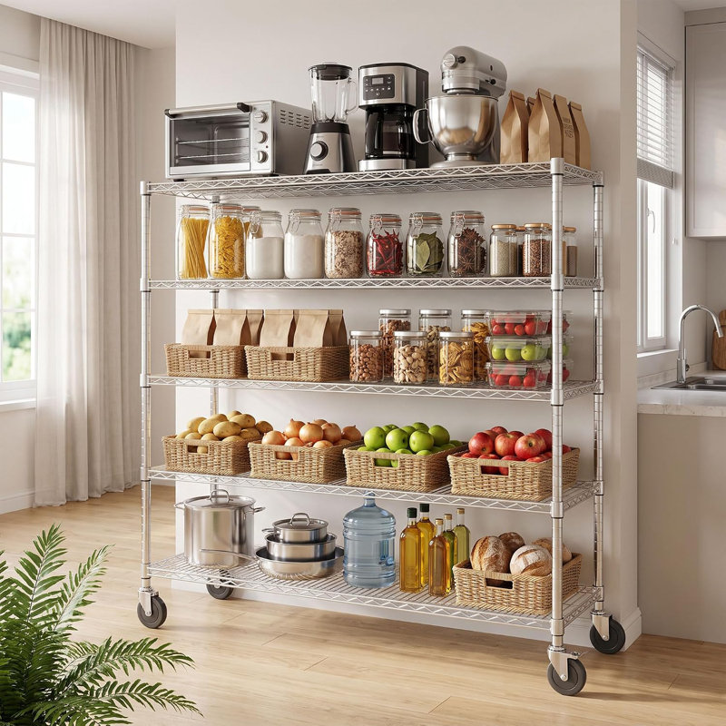 Étagère métallique à 5 niveaux sur roulettes, étagères de rangement en métal chromé, unité de rangement robuste et réglable avec roulettes verrouillables et pieds de nivellement pour garage ou cuisine