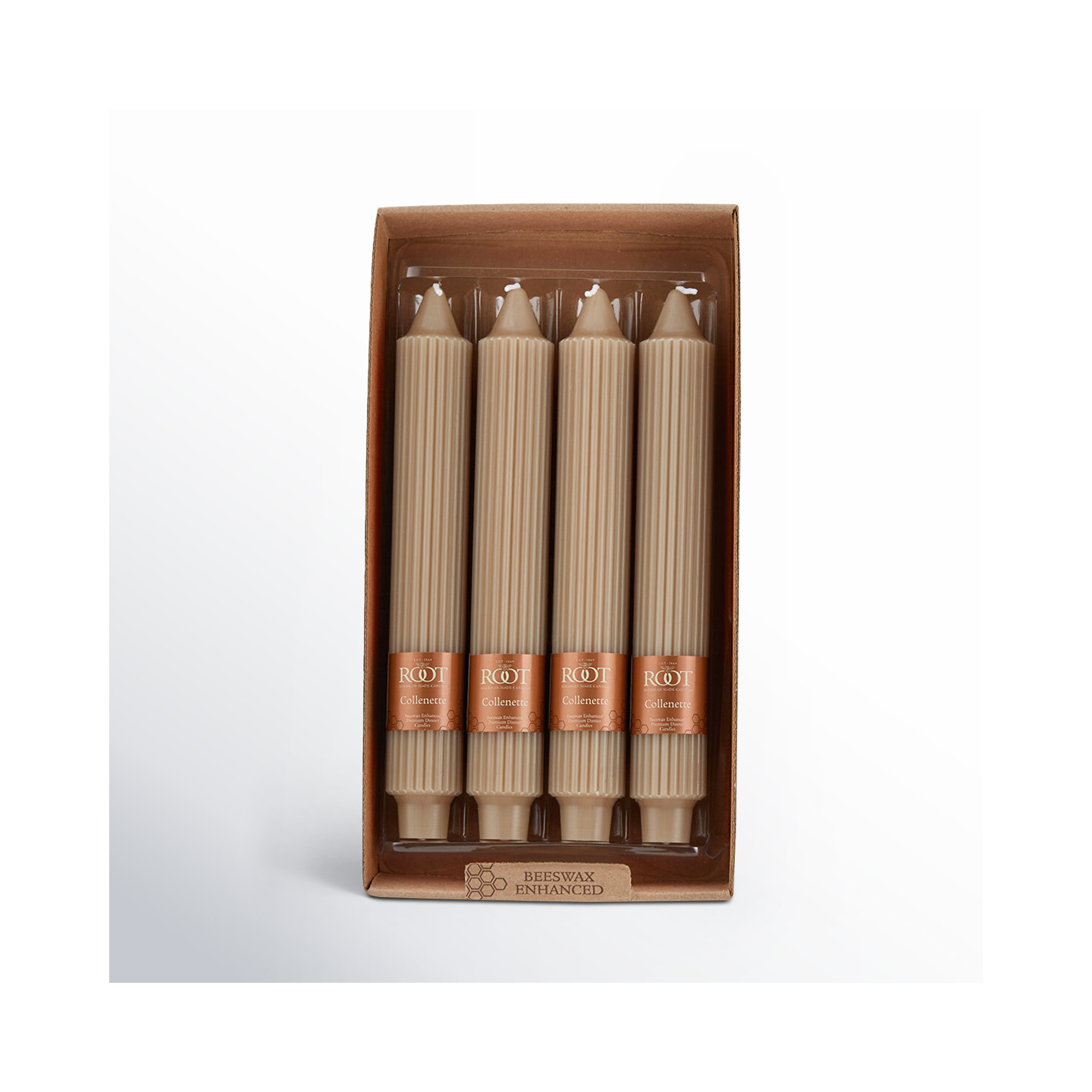 Grecian Collenette Unscented Taper Candle, 9" H x 1.25" W x 1.25" D, Taupe
