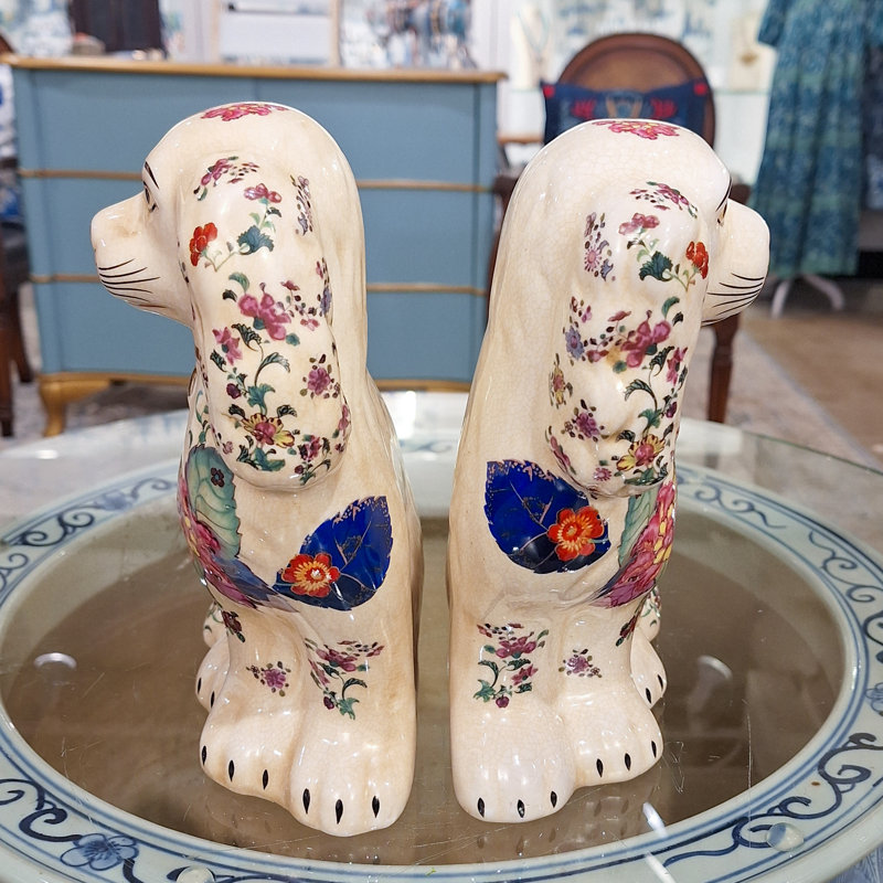 Porcelain Staffordshire Dog Figurines Pair, Blue floral