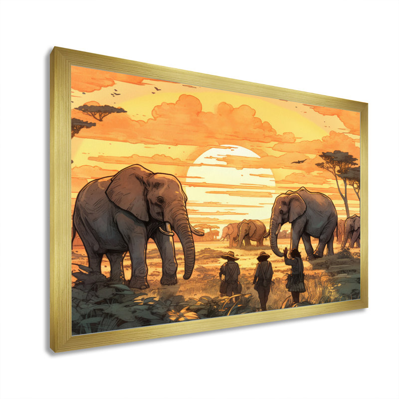 Safari africain jaune avec éléphants sur toile, H 12 po x l 20 po x P 1 po, Encadrement doré