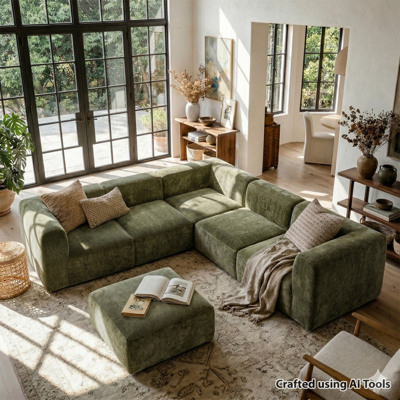 Canapé modulaire en chenille à assise profonde en L 6 pièces avec repose-pieds 6 pièces, Chenille verte