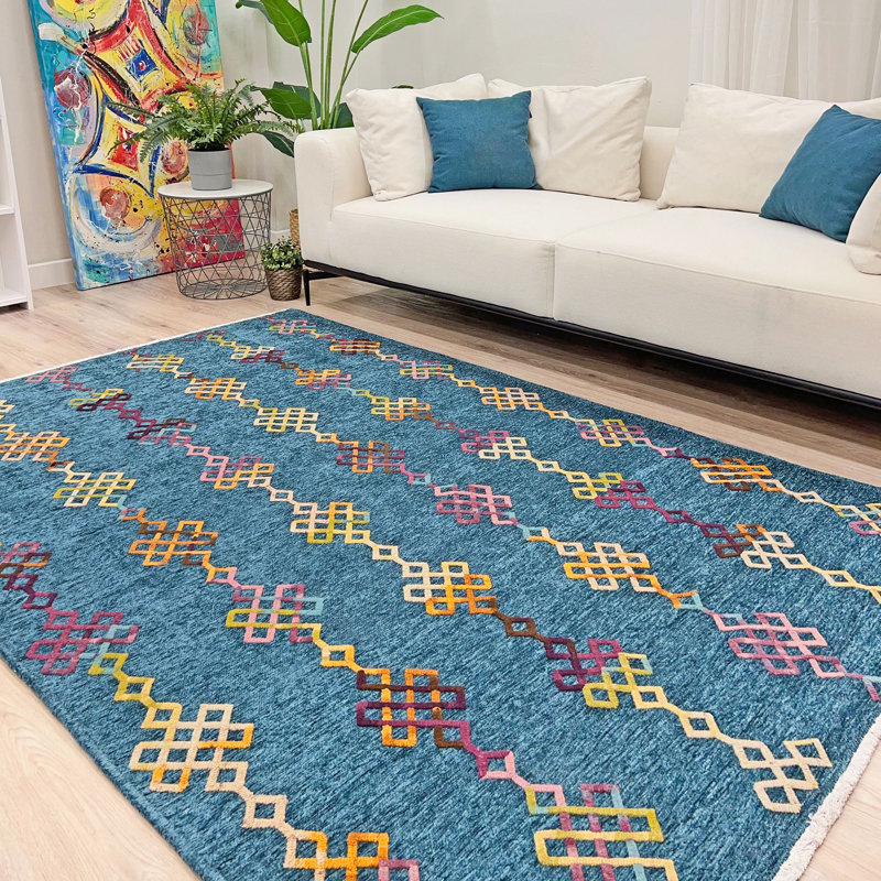 Alfa Rich Moroccan Blue Washable Cotton Area Rugs for Living Room Bedroom Kitchen Dining Rug, Rectangle 4'1" x 5'9"