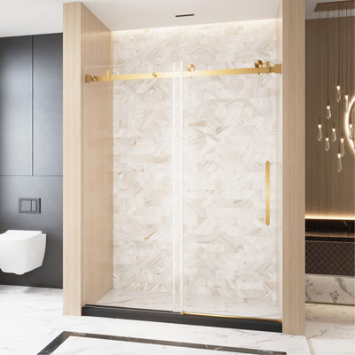 Frameless Single sliding shower door 56-60 "W x 76"H, 1/4 "(6 mm) Clear Tempered Glass, Explosion Proof Film, Stainless Steel Handle Square Tube Track ,Brushed Gold