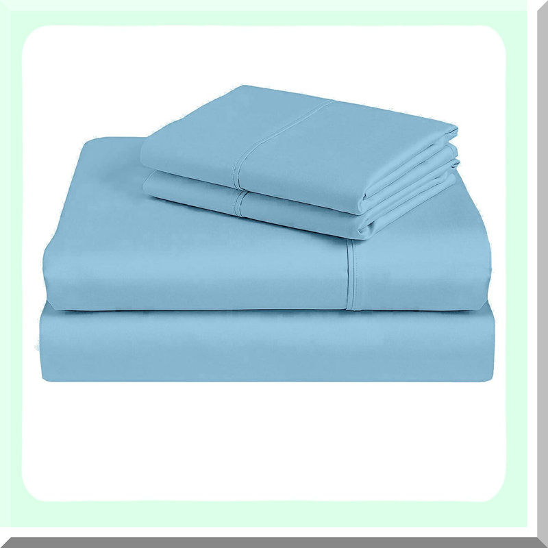 CoolCotton Queen Waterbed Sheet Set - Breathable & Ultra Soft 4 Piece Attached Fitted Sheet, 100% Cotton, 15" Deep Pocket, Light Blue Solid.