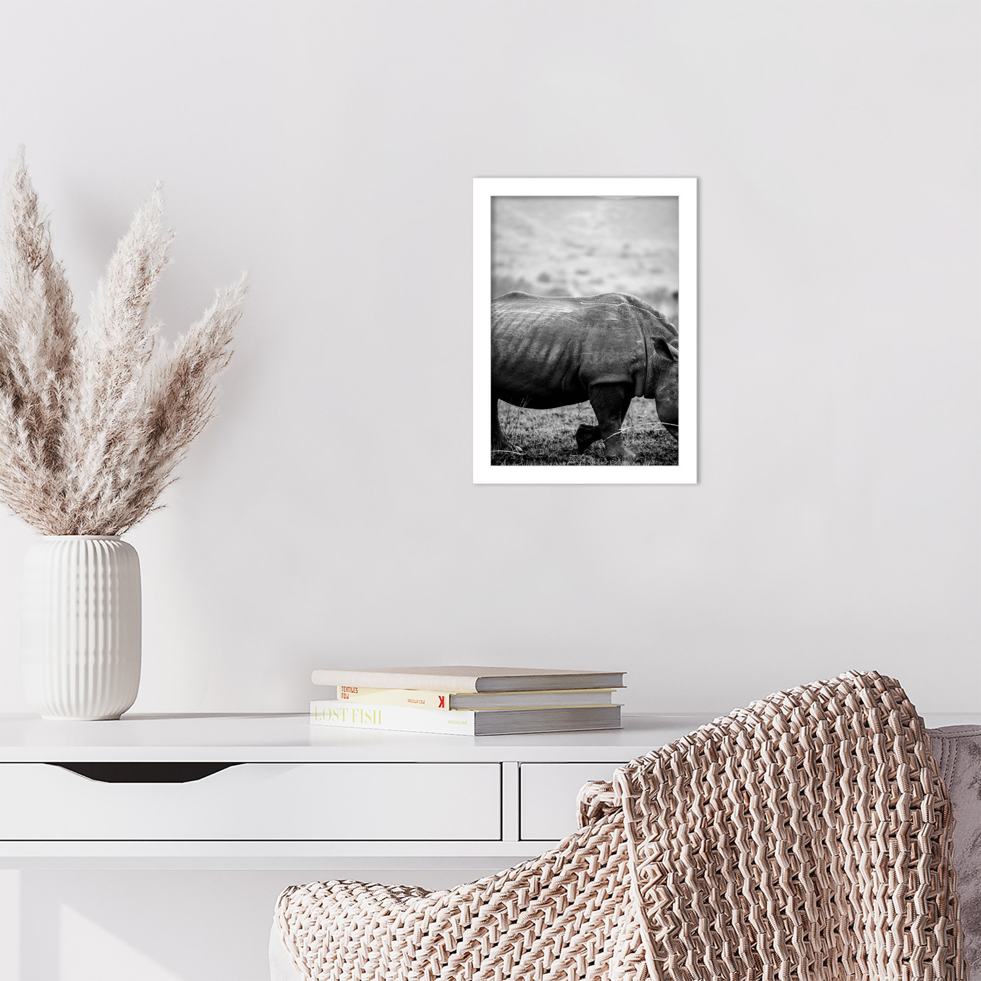 Black Rhino by Shot by Clint Wood Framed Wall Art Print, White, 13" H x 10" W